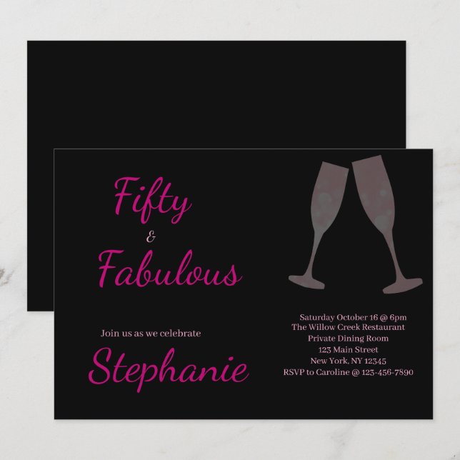 Invitación 50 and Fabulous | 50th Birthday Party Black Pink (Anverso / Reverso)