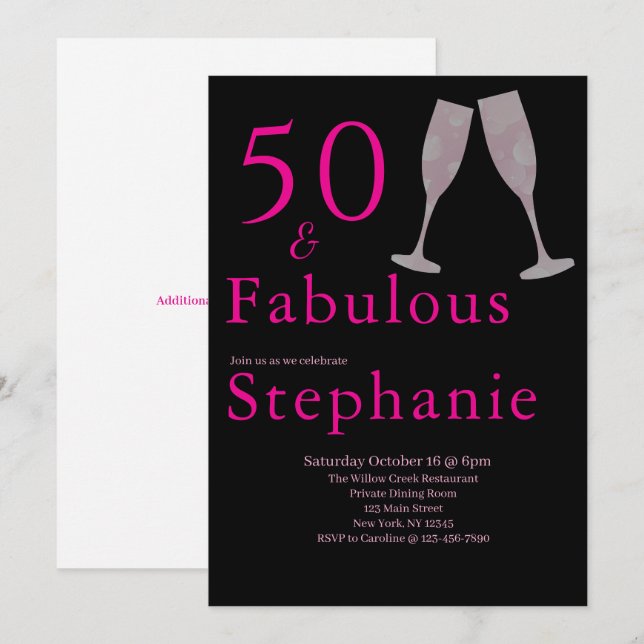 Invitación 50 and Fabulous | 50th Birthday Party Black Pink (Anverso / Reverso)