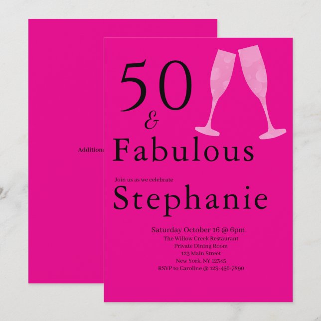 Invitación 50 and Fabulous | 50th Birthday Party Black Pink (Anverso / Reverso)