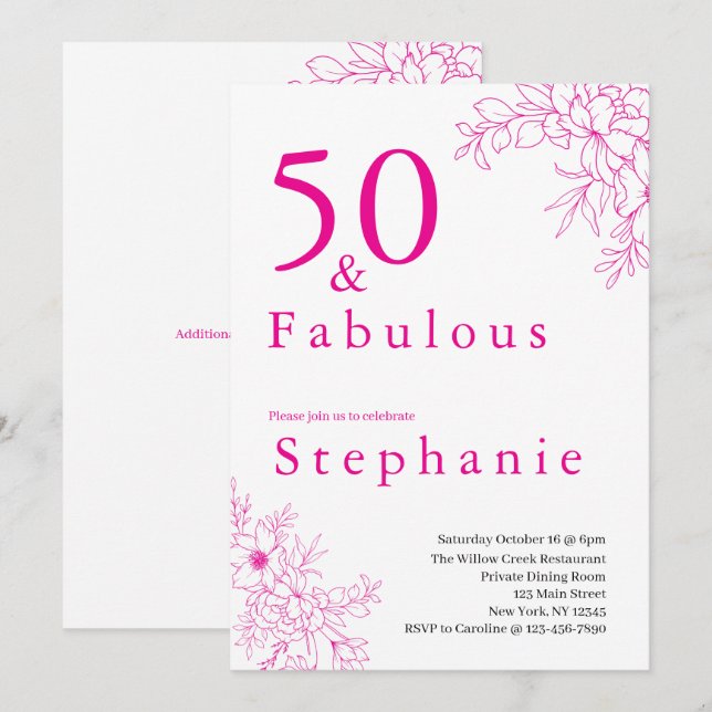 Invitación 50 and Fabulous | 50th Birthday Party Pink (Anverso / Reverso)
