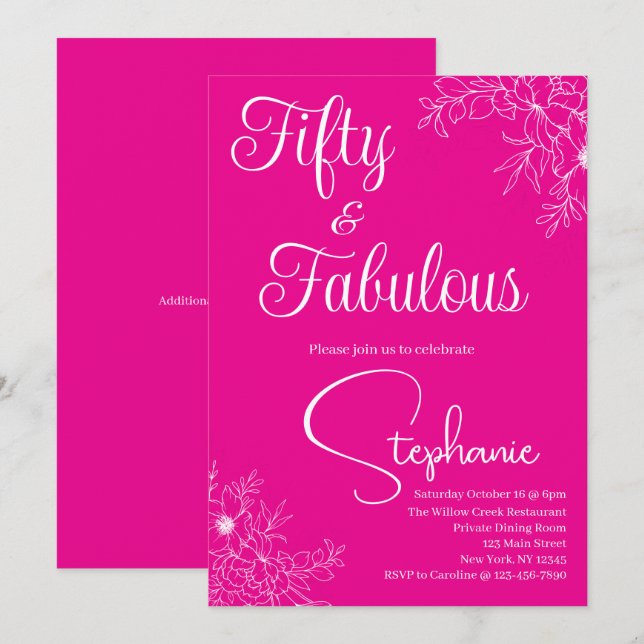 Invitación 50 and Fabulous | 50th Birthday Party Pink White (Anverso / Reverso)