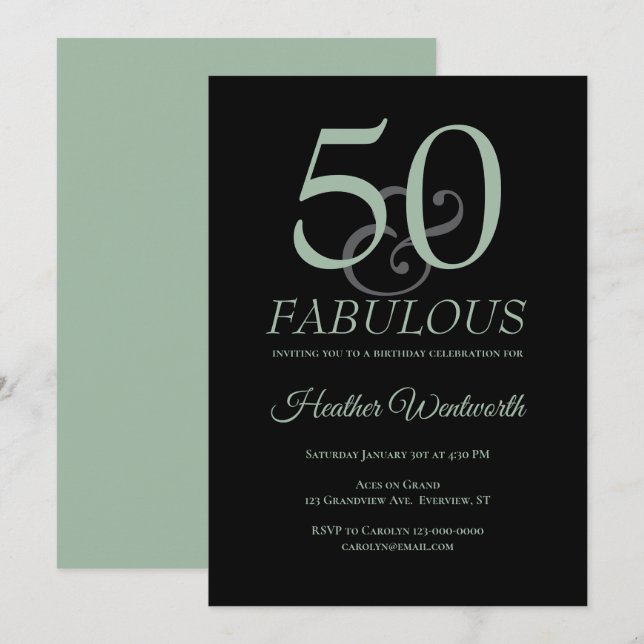 Invitación 50 and Fabulous 50th Birthday Sage Black (Anverso / Reverso)
