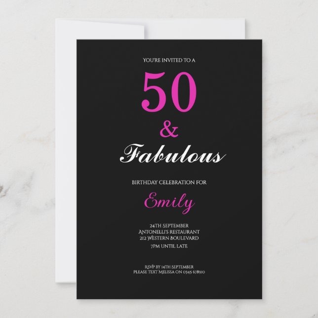 Invitación 50 and Fabulous Black Pink Birthday (Anverso)