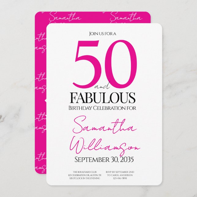 Invitación 50 and Fabulous Pink | 50th Birthday Elegant  (Anverso / Reverso)