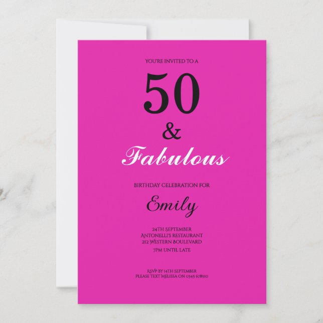 Invitación 50 and Fabulous Pink Birthday (Anverso)