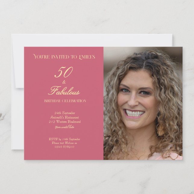 Invitación 50 and Fabulous Pink Photo Elegant Script (Anverso)