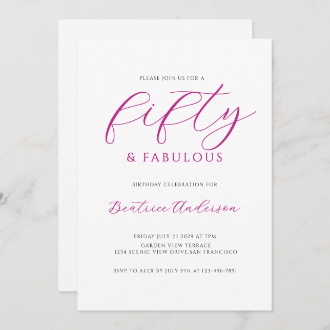 Invitación 50 and Fabulous Pink White Birthday Party (Anverso / Reverso)
