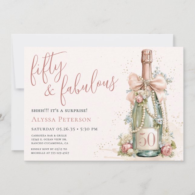 Invitación 50 And Fabulous Rose Gold Script Surprise Party (Anverso)