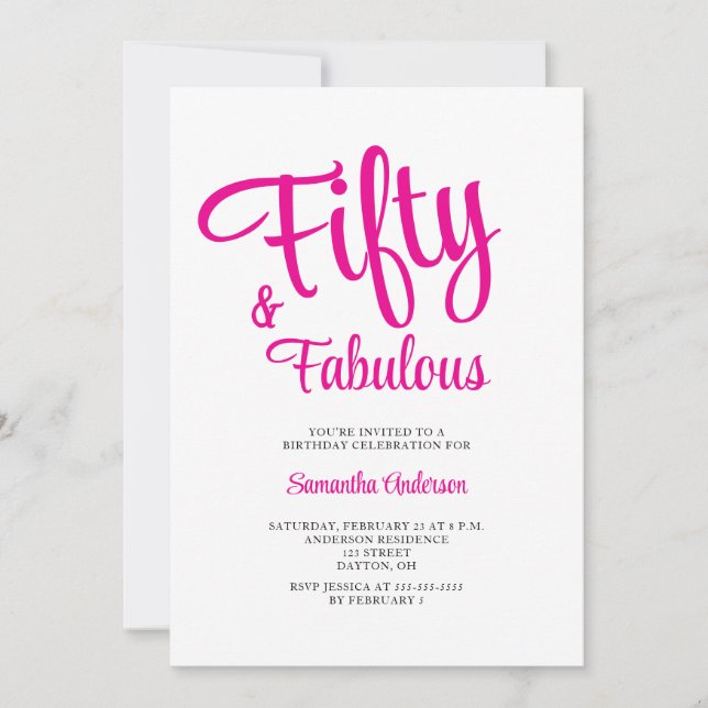 Invitación 50 and Fabulous Script Pink 50th Birthday Party  (Anverso)