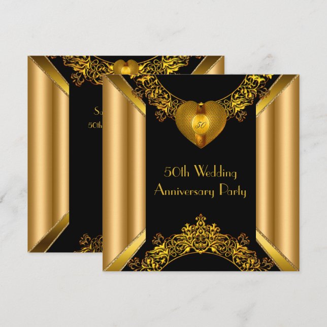 Invitación 50 Aniversario Art Deco Oro Corazón Dorado 2 (Anverso / Reverso)