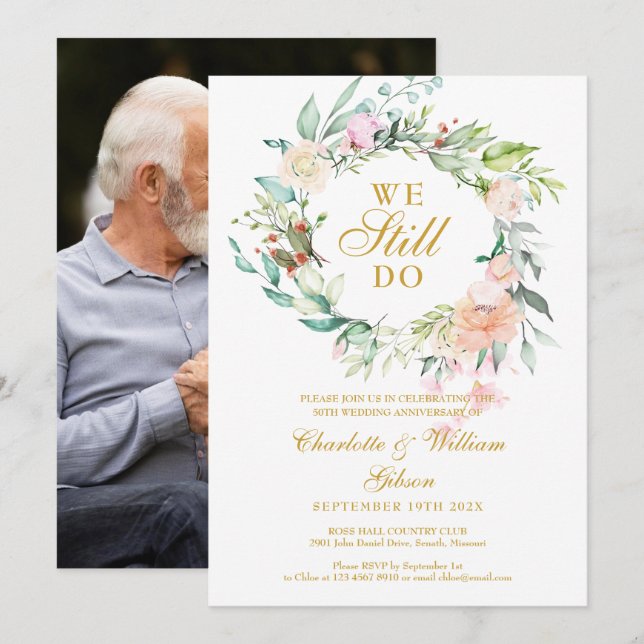 Invitación 50° Aniversario Aún hacemos foto de Garland floral (Anverso / Reverso)