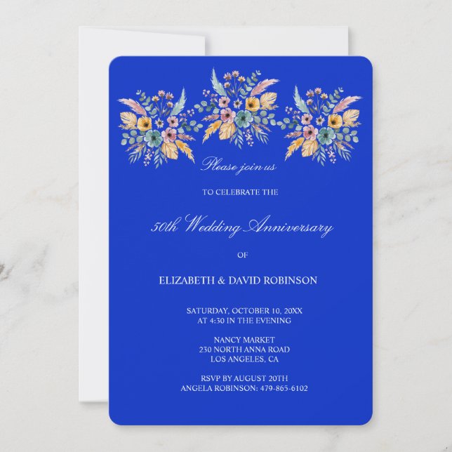 Invitación 50° aniversario azul de boda (Anverso)