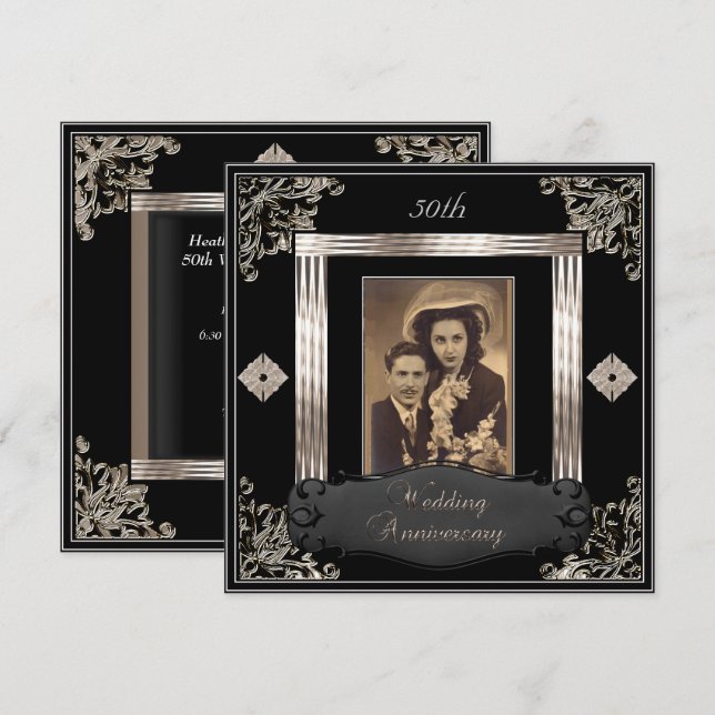 Invitación 50° aniversario Boda Art Deco Sepia Negra (Anverso / Reverso)