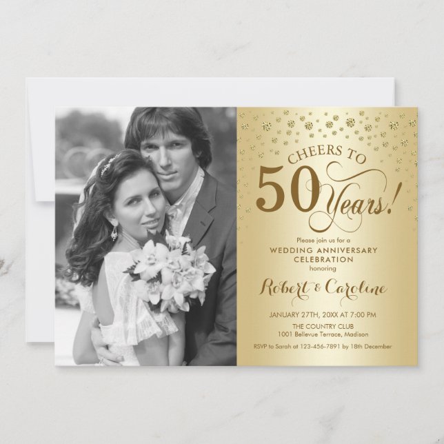 Invitación 50° aniversario Boda con foto - Oro (Anverso)