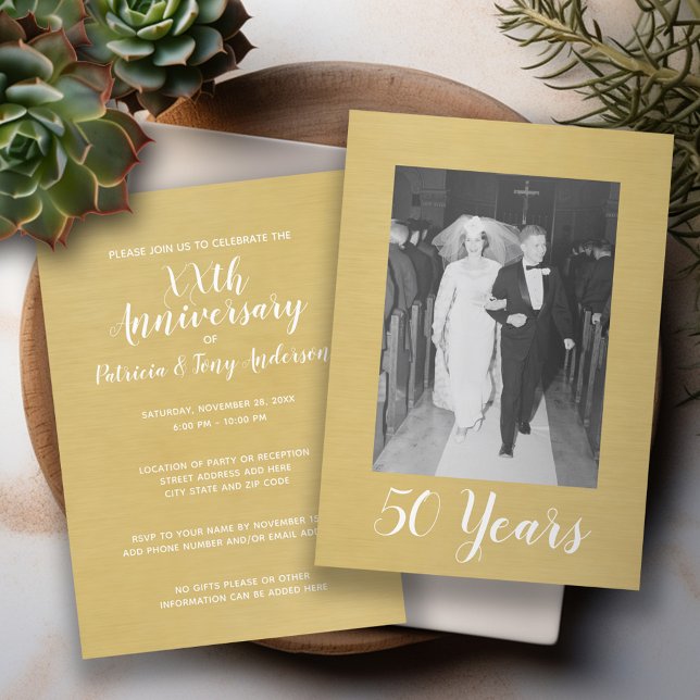 Invitación 50° aniversario Boda con foto - Oro escobillado (Wedding Anniversary Invitation - Modern Design with Photo)