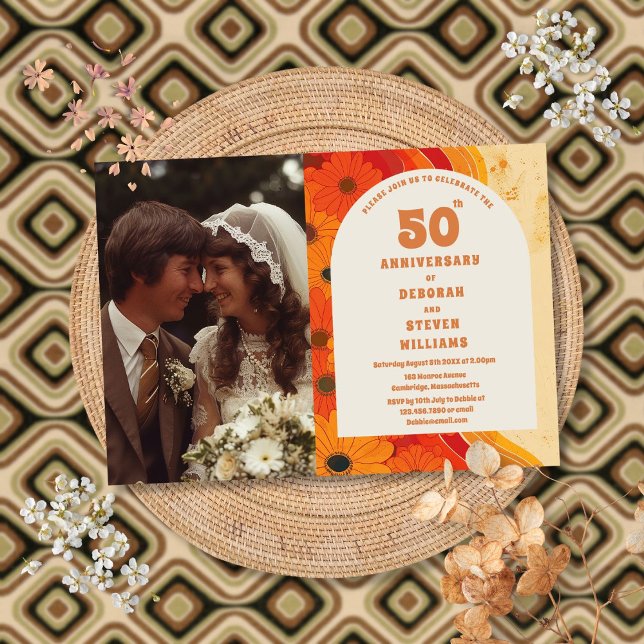 Invitación 50° Aniversario Boda de la década de 1970 (1970s 50th Wedding Anniversary Photo Invitation)