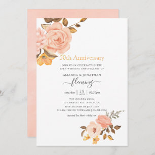 Invitación 50 aniversario Boda de la floral rosa y dorada de 