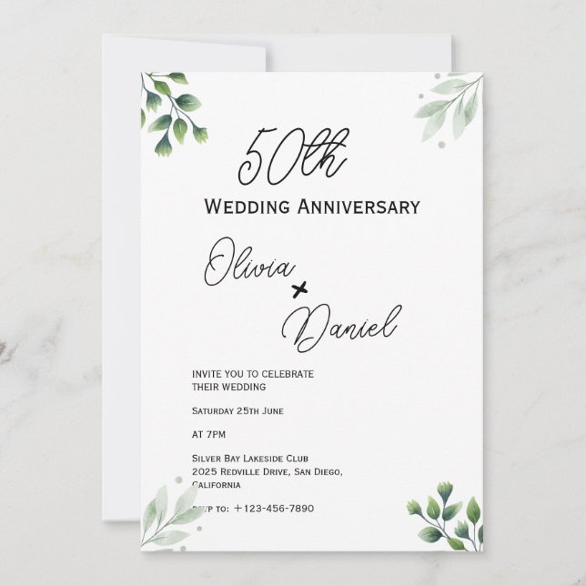 Invitación 50° Aniversario Boda del patrón de la hoja verde (Anverso)
