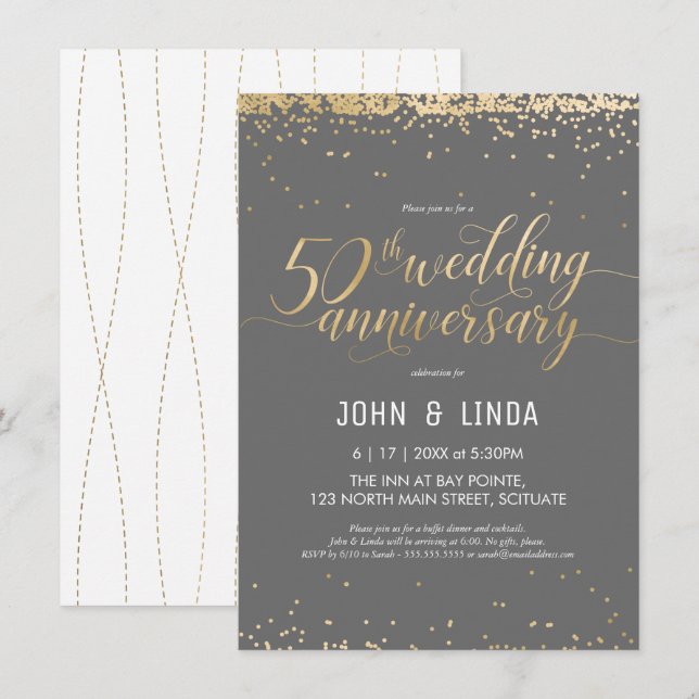 Invitación 50° Aniversario Boda - Dorado, elegante (Anverso / Reverso)