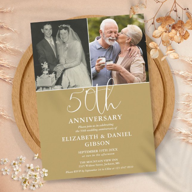 Invitación 50 Aniversario Boda Entonces Y Ahora 2 Foto (50th Wedding Anniversary Then And Now 2 Photo Invitation)