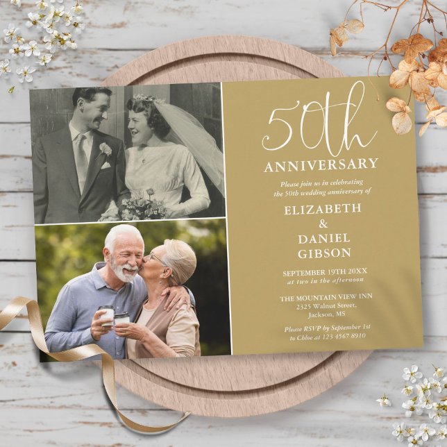 Invitación 50 Aniversario Boda Entonces Y Ahora 2 Foto (50th Wedding Anniversary Then And Now 2 Photo Invitation)