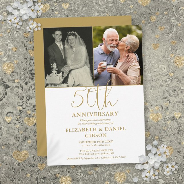 Invitación 50 Aniversario Boda Entonces Y Ahora 2 Foto (50th Wedding Anniversary Then And Now 2 Photo Invitation)