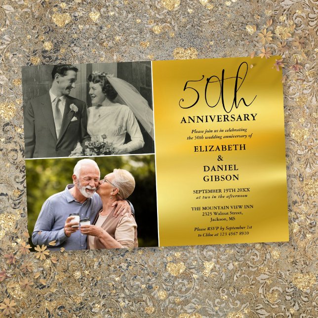 Invitación 50 Aniversario Boda Entonces Y Ahora 2 Foto (50th Wedding Anniversary Then And Now 2 Photo Invitation)