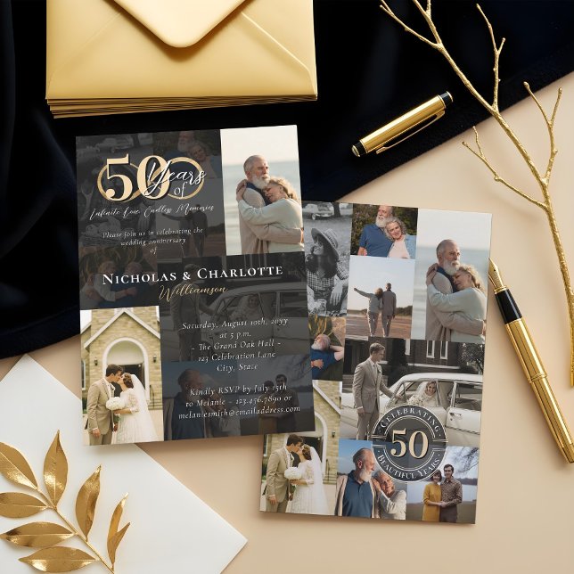 Invitación 50° aniversario Boda entonces y ahora Collage de f (50th Wedding Anniversary Then & Now Photo Collage Invitation (Front & Back))