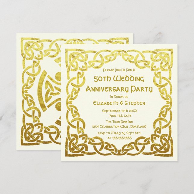 Invitación 50° Aniversario Boda Faux Gold Celtic Knot Inv (Anverso / Reverso)