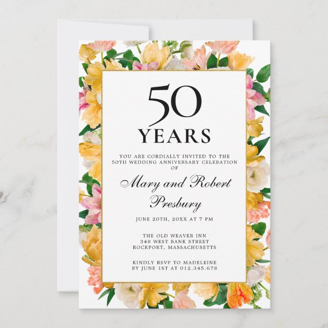 Invitación 50° aniversario Boda Floral rosa amarillo (Anverso)
