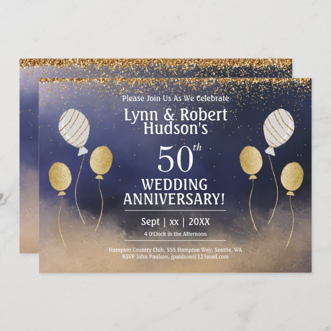 Invitación 50° aniversario Boda, oro, azul, blanco (Anverso / Reverso)