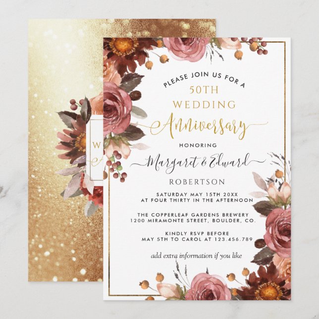Invitación 50° aniversario Boda, oro y floral borgoñona (Anverso / Reverso)