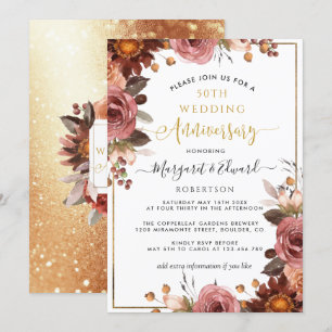 Invitación 50° aniversario Boda, oro y floral borgoñona