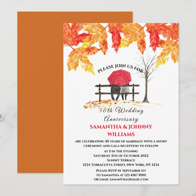 Invitación 50° aniversario Boda otoño Naranja sale (Anverso / Reverso)