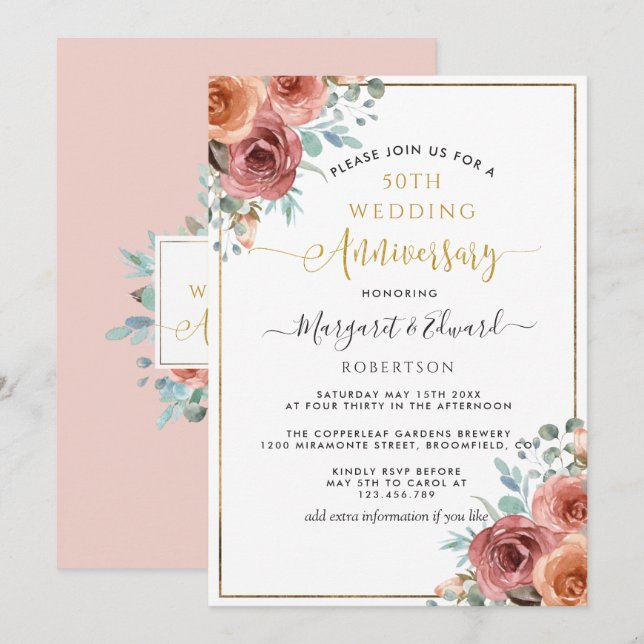 Invitación 50° Aniversario Boda, Peach y Mint Floral (Anverso / Reverso)