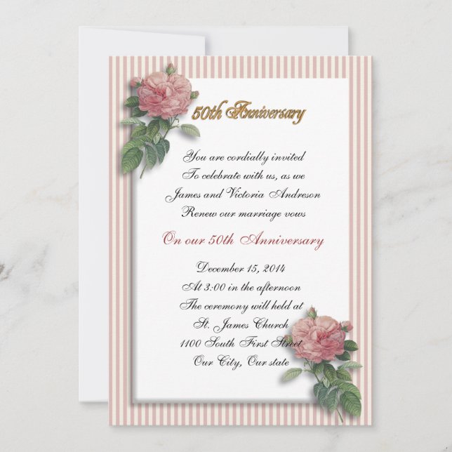 Invitación 50° aniversario Boda renovación de rosas rosas ros (Anverso)