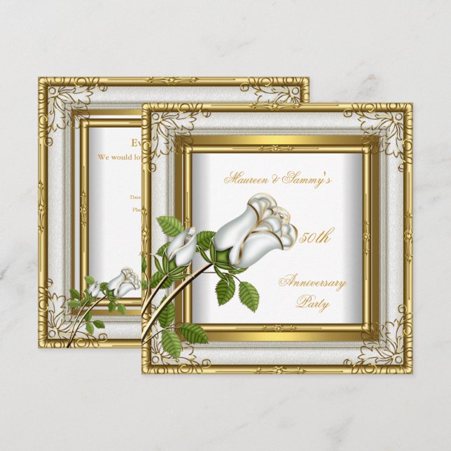 Invitación 50° Aniversario Boda Rosa Blanca Oro elegante (Anverso / Reverso)