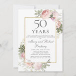 Invitación 50° Aniversario Boda Rosa Floral<br><div class="desc">Elegante plantilla de invitación para el 50 aniversario del boda que incluye un marco dorado y dos arreglos de rosas rosas rosas negras. Todo el texto es editable.</div>