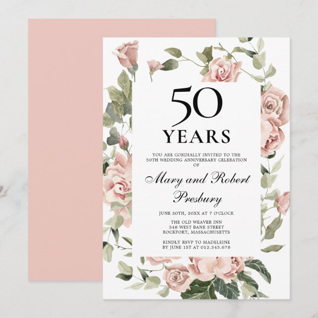 Invitación 50° Aniversario Boda Rosa Floral (Anverso / Reverso)