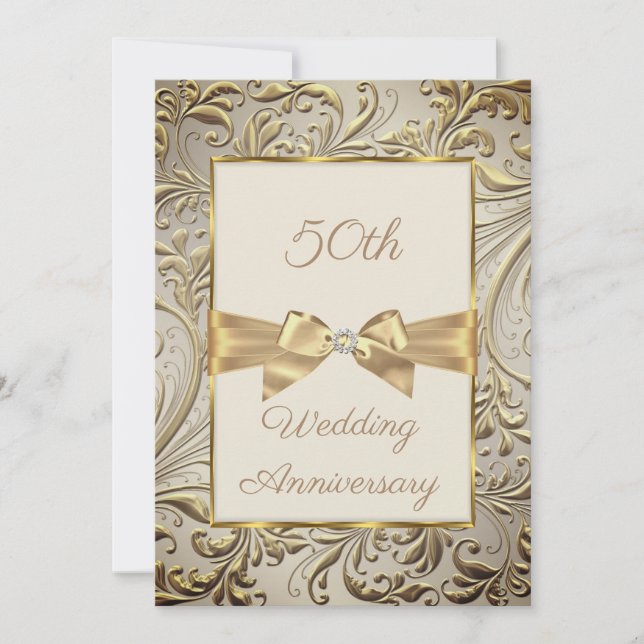 Invitación 50° Aniversario Bronze Gold Bow Floral Swirl (Anverso)