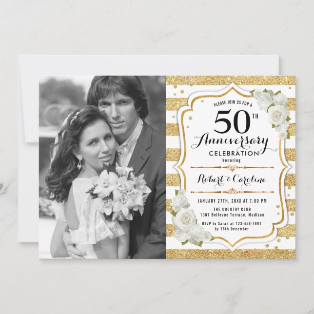 Invitación 50° aniversario con foto - Blanco dorado (Anverso)