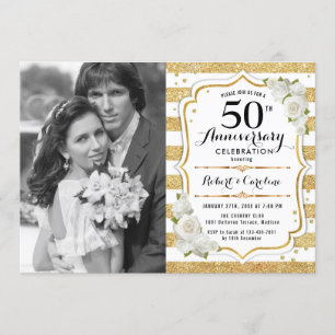Invitación 50° aniversario con foto - Blanco dorado