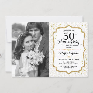 Invitación 50 Aniversario con Foto - Elegante Dorado Blanco