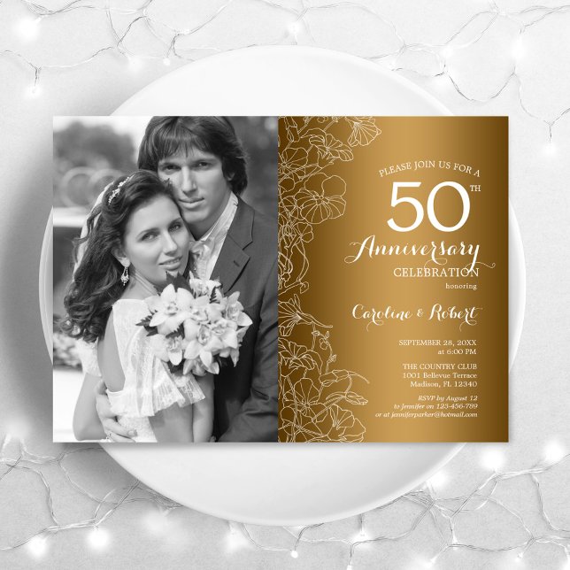 Invitación 50 Aniversario Con Foto - Floral Blanco Dorado (Subido por el creador)