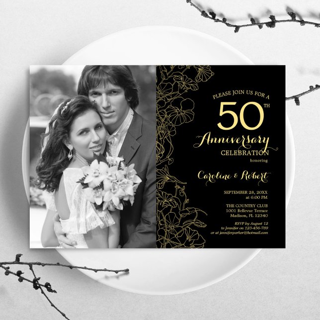 Invitación 50° aniversario con foto - Floral de oro negro (Subido por el creador)