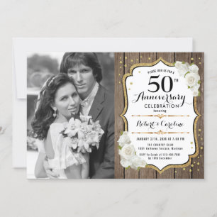 Invitación 50 Aniversario con Foto - Madera Dorada Blanca