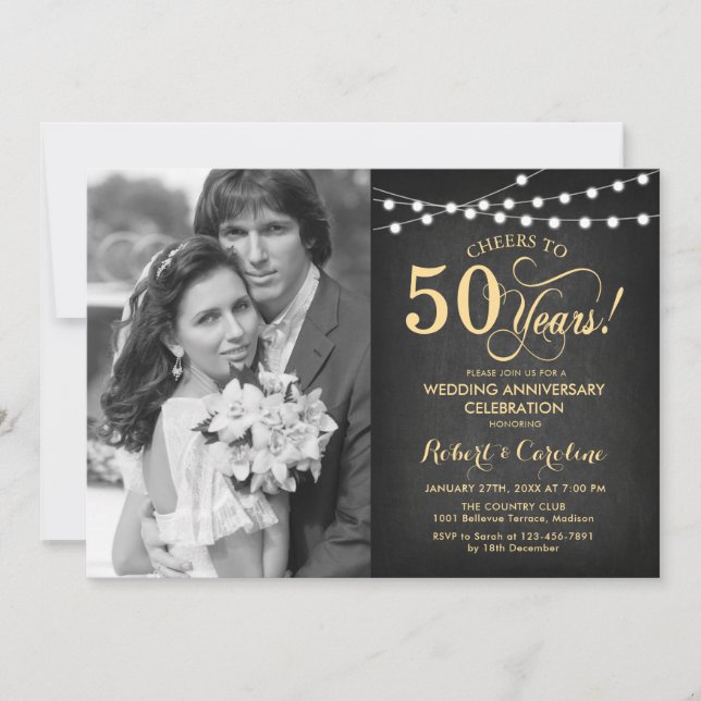 Invitación 50° aniversario con foto - Negro y Oro (Anverso)