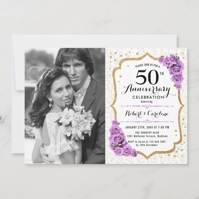 Invitación 50° aniversario con foto - Púrpura de oro blanco (Anverso)