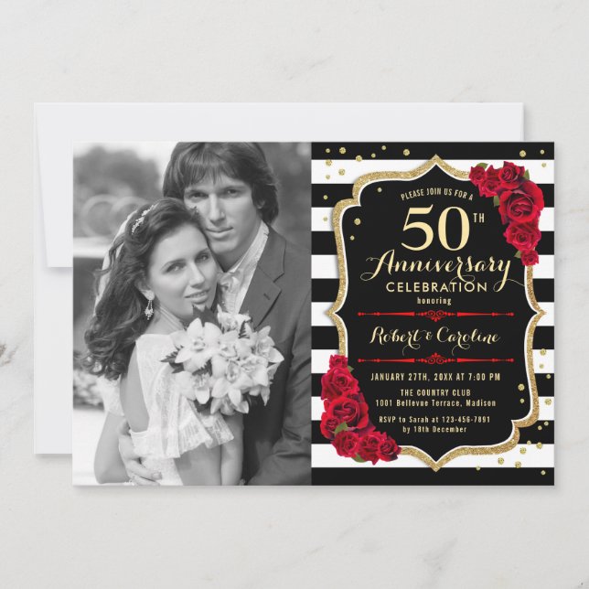 Invitación 50° aniversario con foto - Red Gold Black (Anverso)