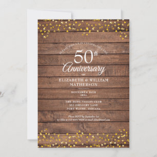 Invitación 50 Aniversario Corazones Dorados Madera Rústica